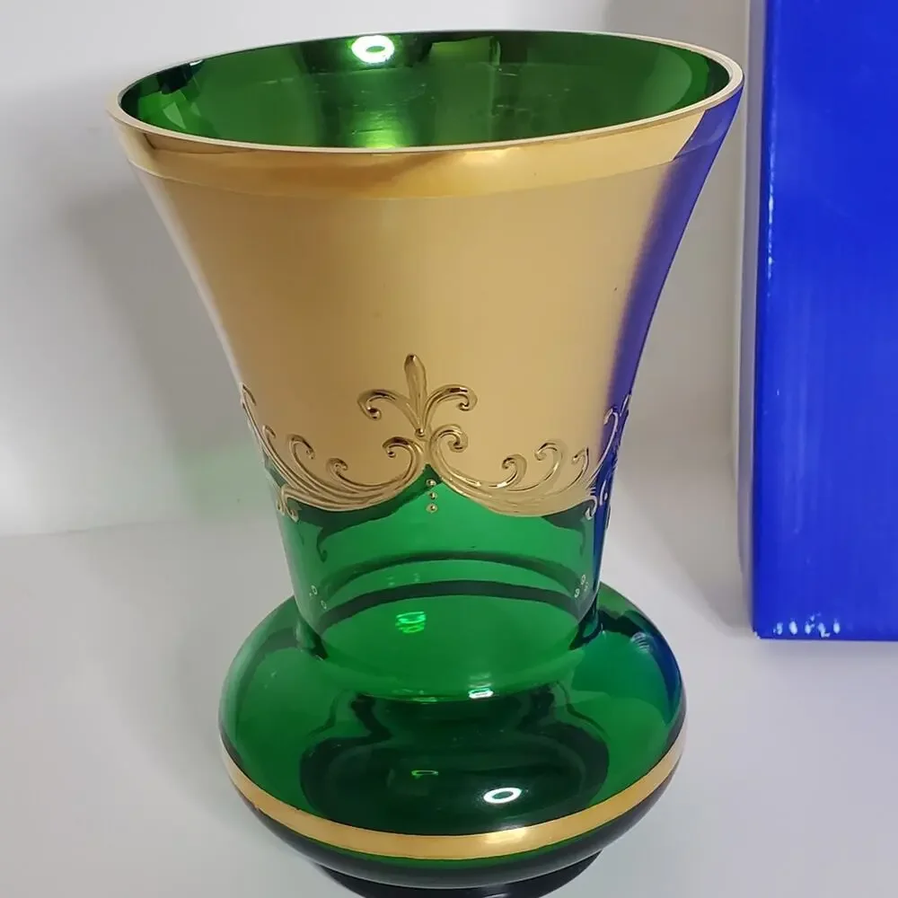 Vintage Emerald Green Bohemian Czech glass Vase in Excellent condition with box